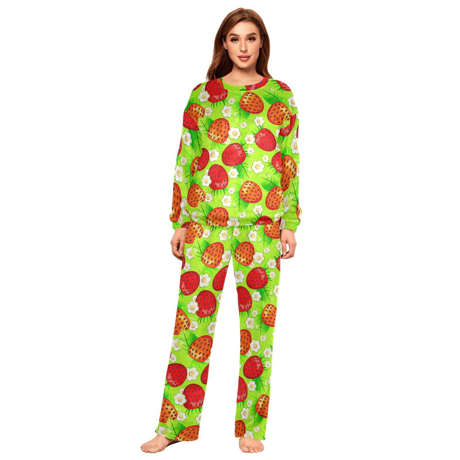 Damen-Schlafanzug-Set, Erdbeer-Muster, Pyjama-Pyjama, Winter, warme Nachtwäsche, Loungewear-Set für Frauen und Mädchen