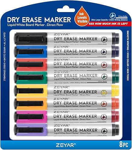 ZEYAR Marcador de borrado en seco con punta de bala de bajo olor, marcador de pizarra blanca, capacidad ultra grande, estructura avanzada de flujo