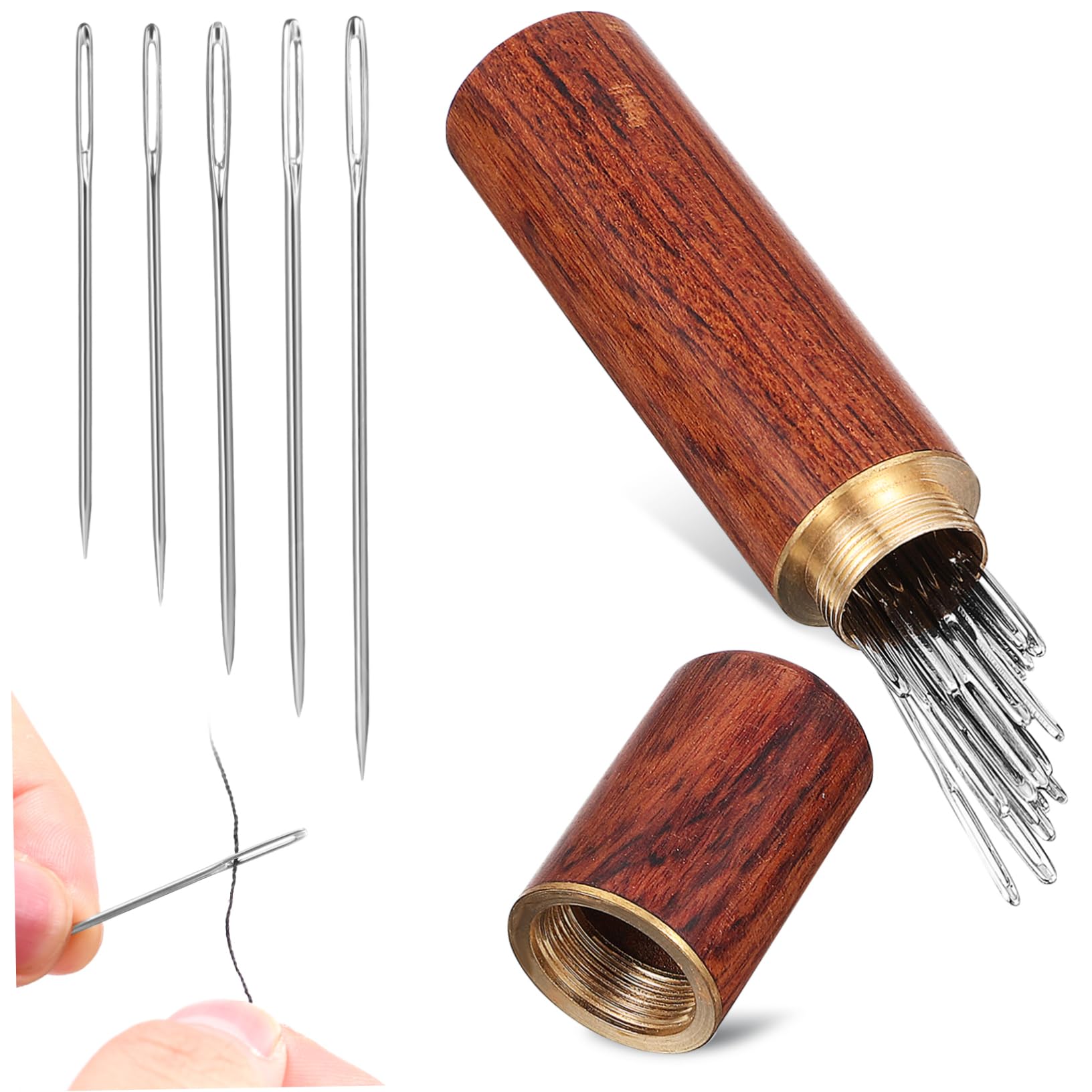 Sewroro 1 Set Sewing Needles Assorted Stainless Steel Needles with Eye Design Wooden Storage Case for Hand Sewing Embroidery Cross Stitch and Craft Projects