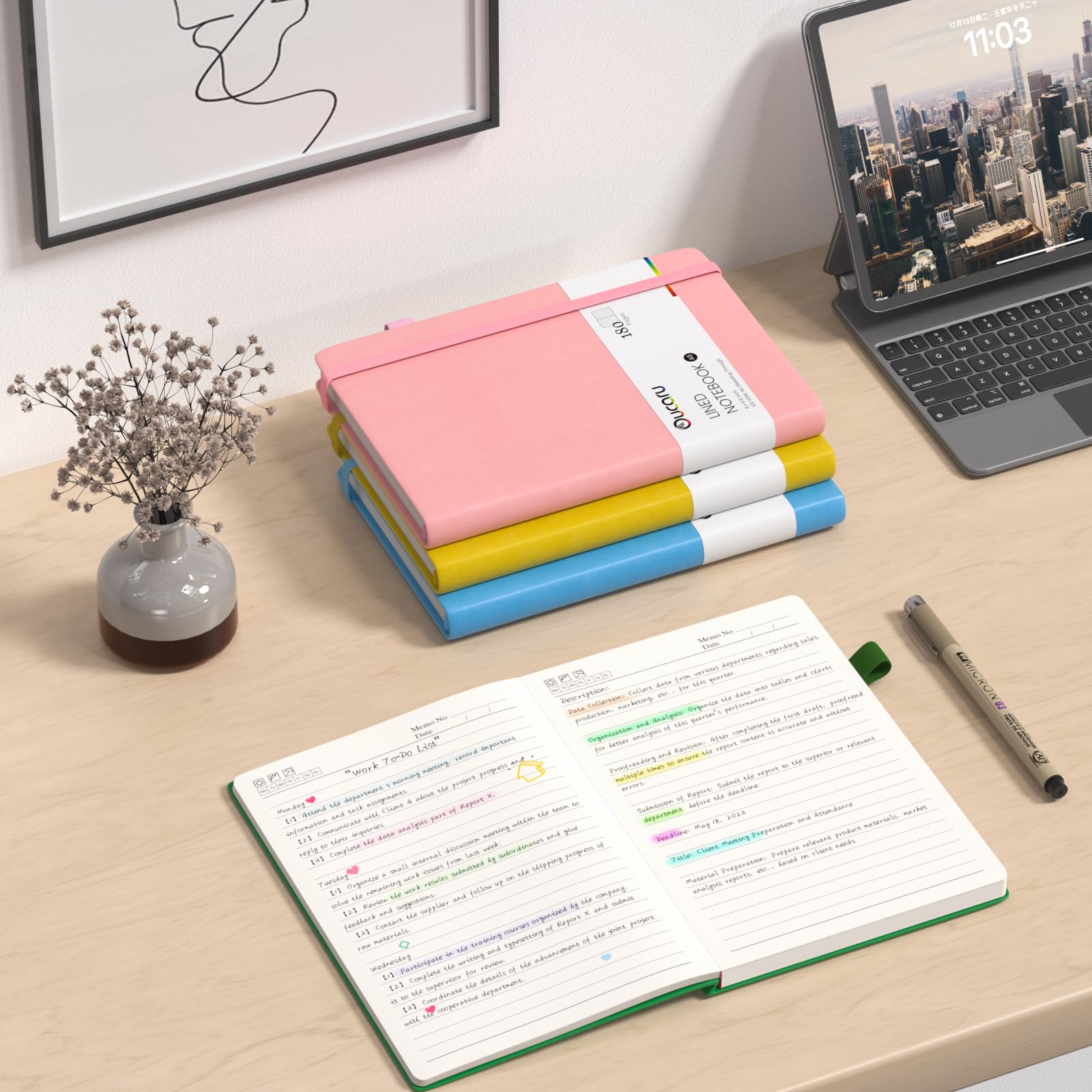 Oucaru Quaderno a righe, confezione da 8, 180 pagine, formato A5, per scrittura, carta spessa 100 g/m², piccoli quaderni quotidiani per donne, uomini, lavoro, scuola, viaggi