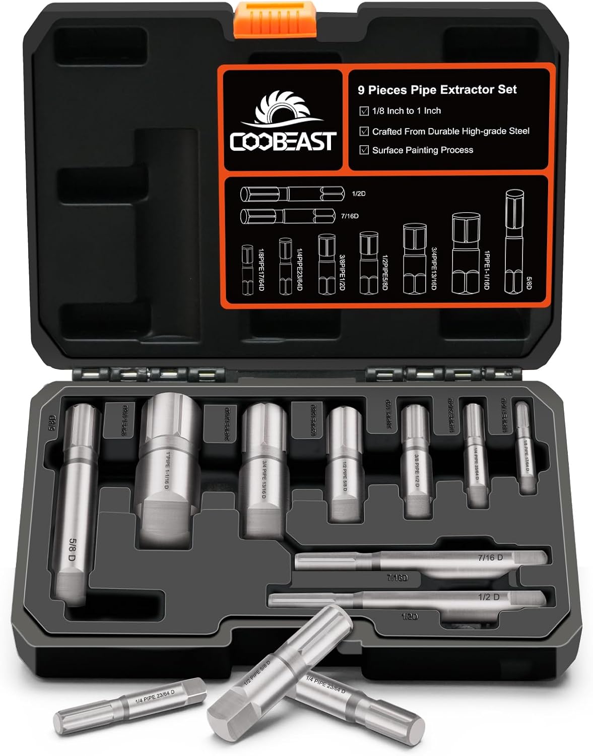 Pipe Extractor Set, Heavy Duty 9pc Size-Marked Broken Pipe Extractors for 1/8" - 1" Damaged Threaded Pipes Anti-Slip Grip with Storage Case Extractor Tool for Plumbing Repair in Tight Spaces
