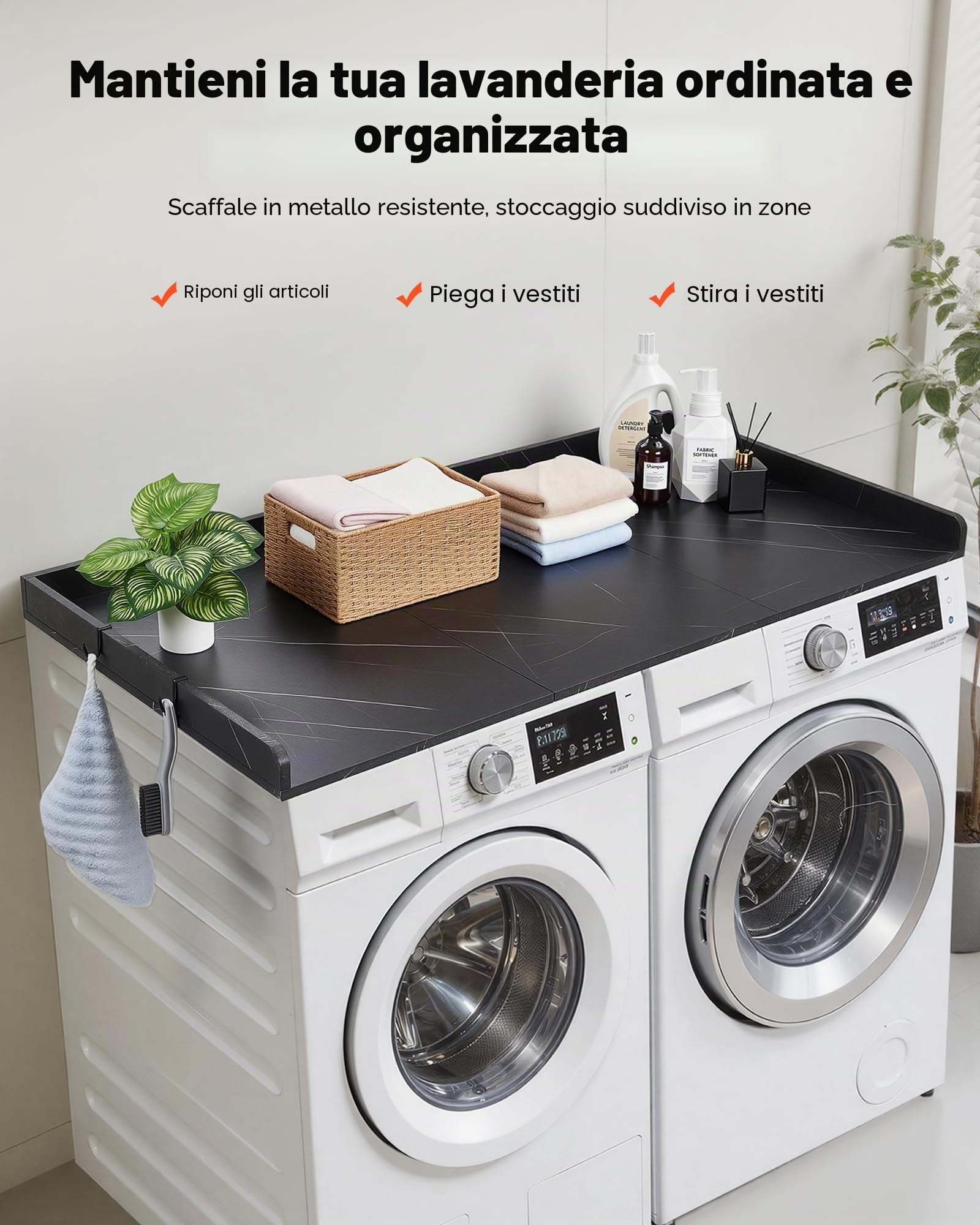 VEVOR Piano di Lavoro per Lavatrice e Asciugatrice 137x69,9 cm, Piano d'Appoggio per Lavatrice con Bordi Rialzati e Ganci, Struttura in Legno per Zona Lavanderia, Ampia Superficie, Effetto Marmo Nero