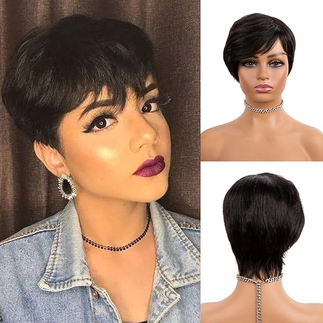 Short Human Hair Wigs for Black Women Layered Pixie Cut Wig with Bangs Short Pixie Wigs for Women Human Hair Afro Short Wig for Christmas Party Daily Wear/Gift