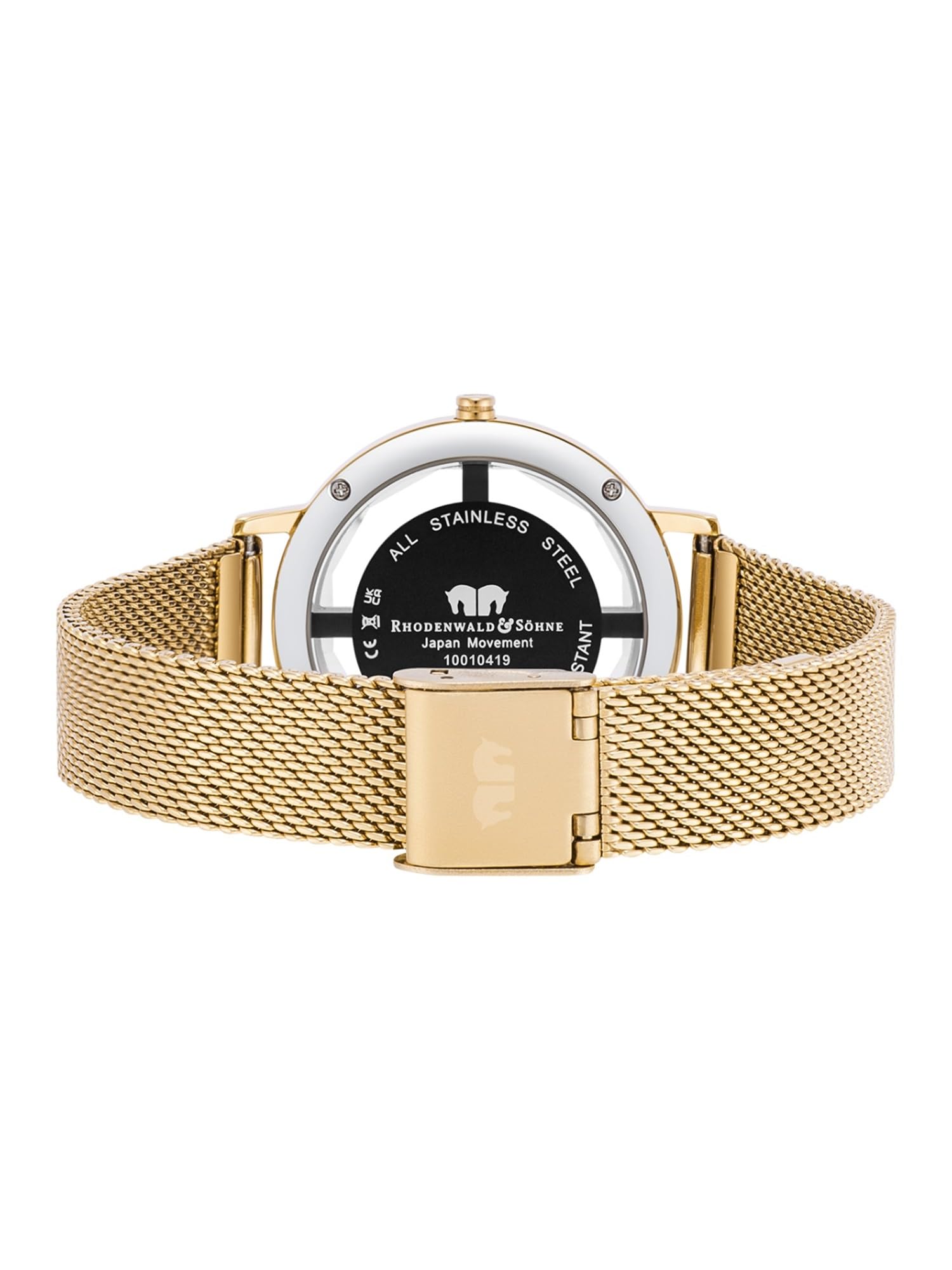 Rhodenwald & Söhne Lucrezia Damen Uhr Edelstahl Gelbgold 3 ATM Quarzwerk | Milanaise-Armband,verzier mit Kristallen,Mineralglas,analog,weißes Zifferblatt,Armbanduhr,Fashionuhr,Skeletonoptik,10010419