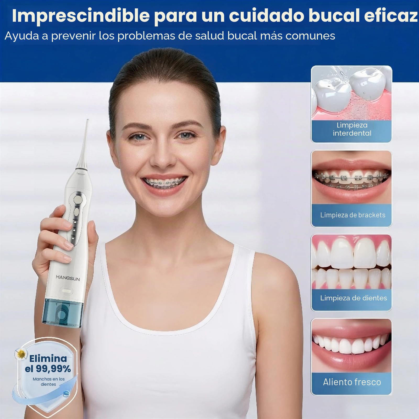 Irrigador Bucal Portatil Dental de Hangsun Inalámbrico USB Recargable con un Tanque de Agua 300ml y 8 Boquillas para Viajar y Uso Doméstico