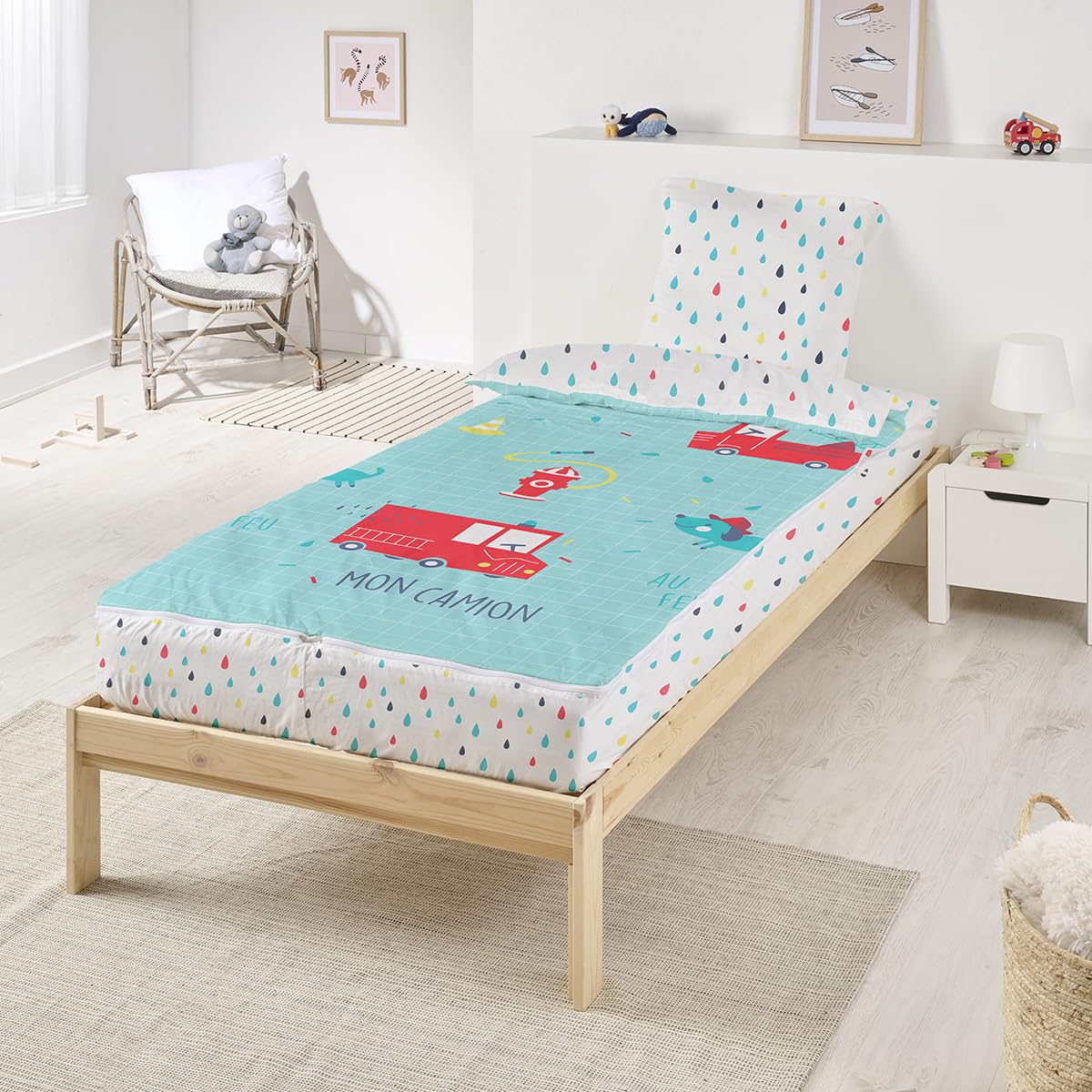 Caradou Set da letto per bambini, in cotone, 4 pezzi: letto tutto in uno, per bambini, con piumino, 90 x 190 cm
