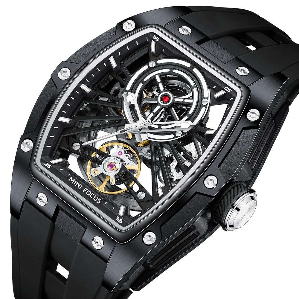 AIMES Montre automatique Tonneau de luxe squelette pour homme - Remontage automatique - Étanche - Analogique - Cadran carré - Grand cadran - Bracelet en silicone