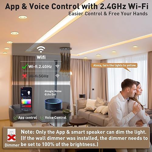 Miniatura 4 de Rollin Light Iluminación empotrable inteligente de 56 pulgadas, paquete de 6 luces LED empotrables con Wi-Fi RGB que cambian de color, 13 W, 1050