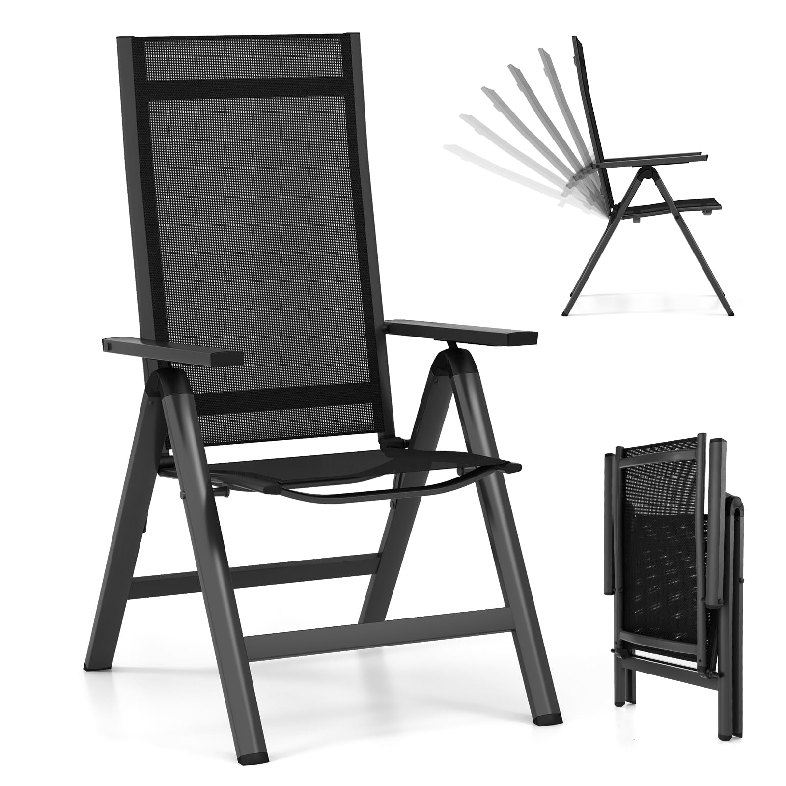 COSTWAY 1/2 Sillas Jardin Exterior Plegable, Sillas Terraza Exterior con Respaldo Ajustable en 7 Posiciones, Reposabrazos, Sillas Jardin Camping Piscina Patio (sin Esponja, 1)