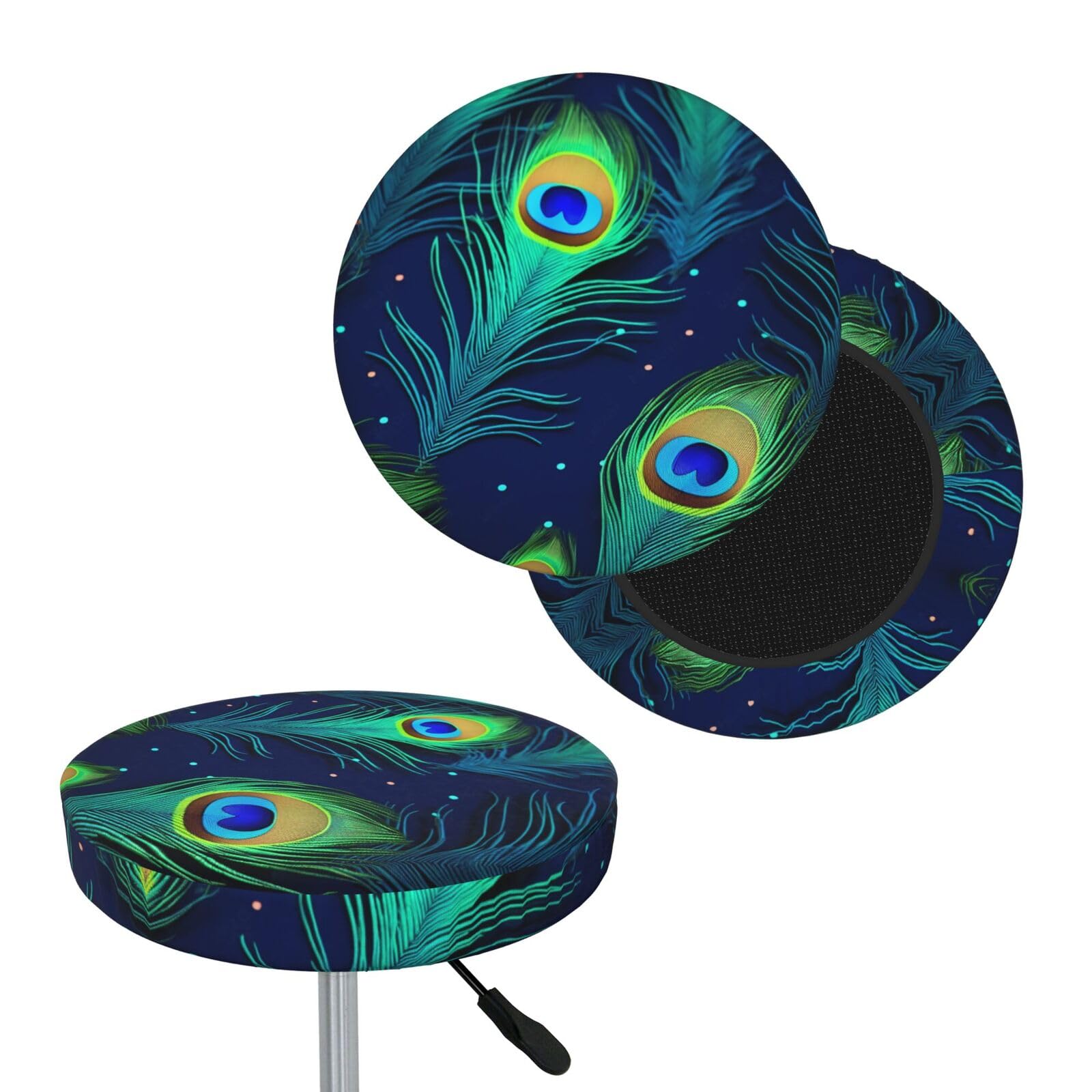 NONHAI Peacock Feather Bar Stool Cover Round Elastic Stool Cushion Covers Dustproof Bar Chair Cover Washable Stool Cushion Slipcover Stretch Stool Seat Covers for 12-14 Inch Chair