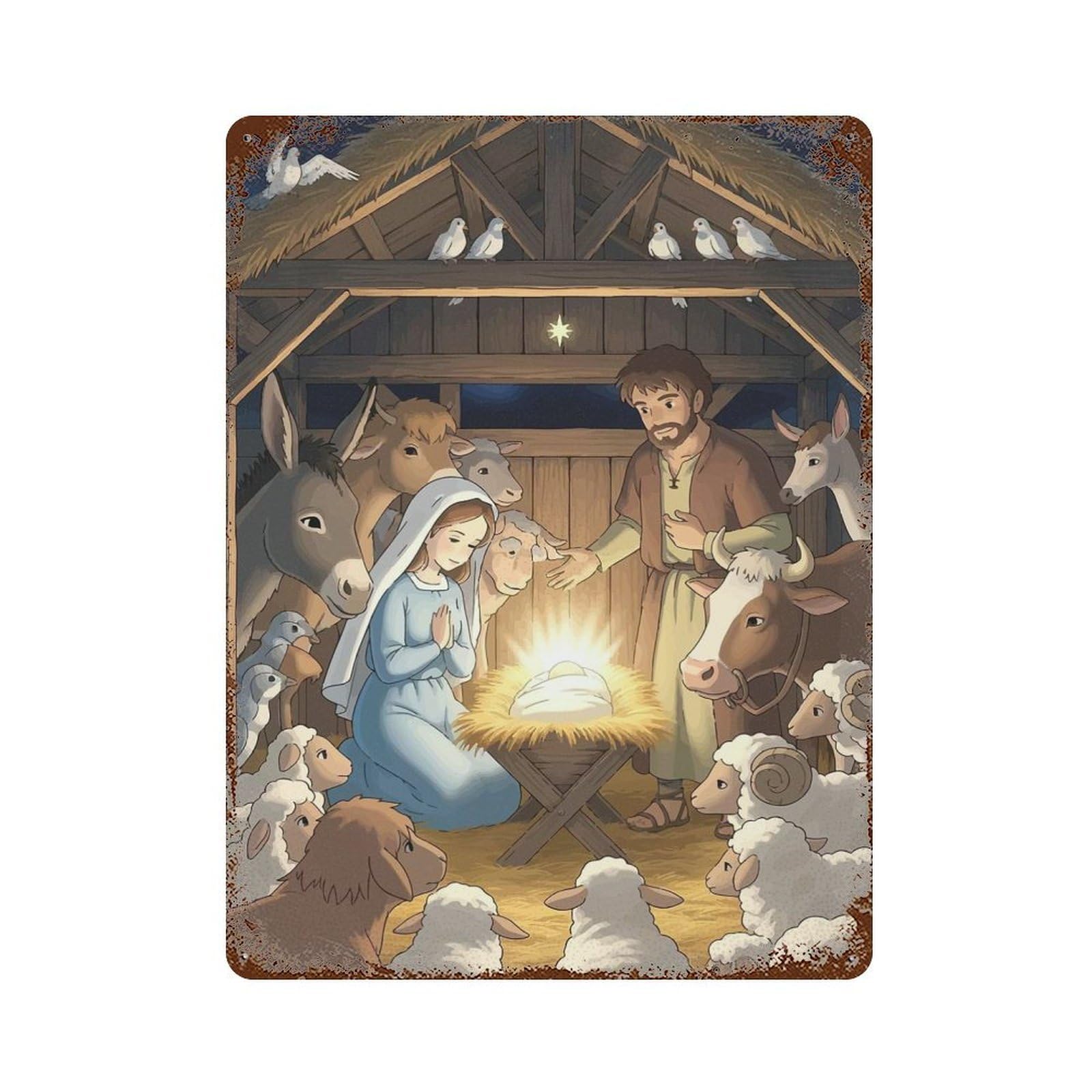Vintage Rust Metal Sign Nativity Scene with Mary, Joseph, And Animals 15.7"x11.8", Shabby Chic Decor for Cafe, Home Bar And Lounge Decor