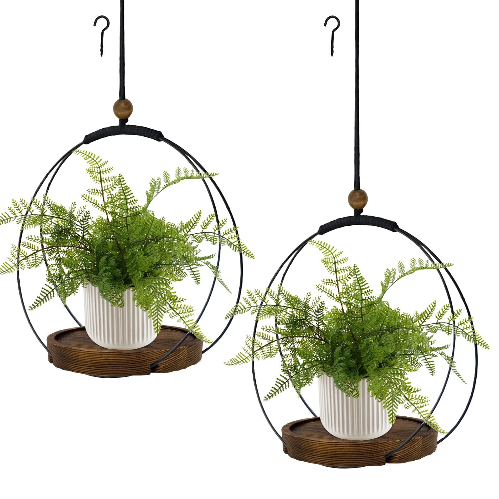 hismocal Hanging Planters for Indoor Plants,Plant Hanger with Sturdy Wood Base,Modern Boho Macrame Plant Hanger,Wall Ceiling Window Stands(Plants/Pots Not Included) (2 Pack-Circle)