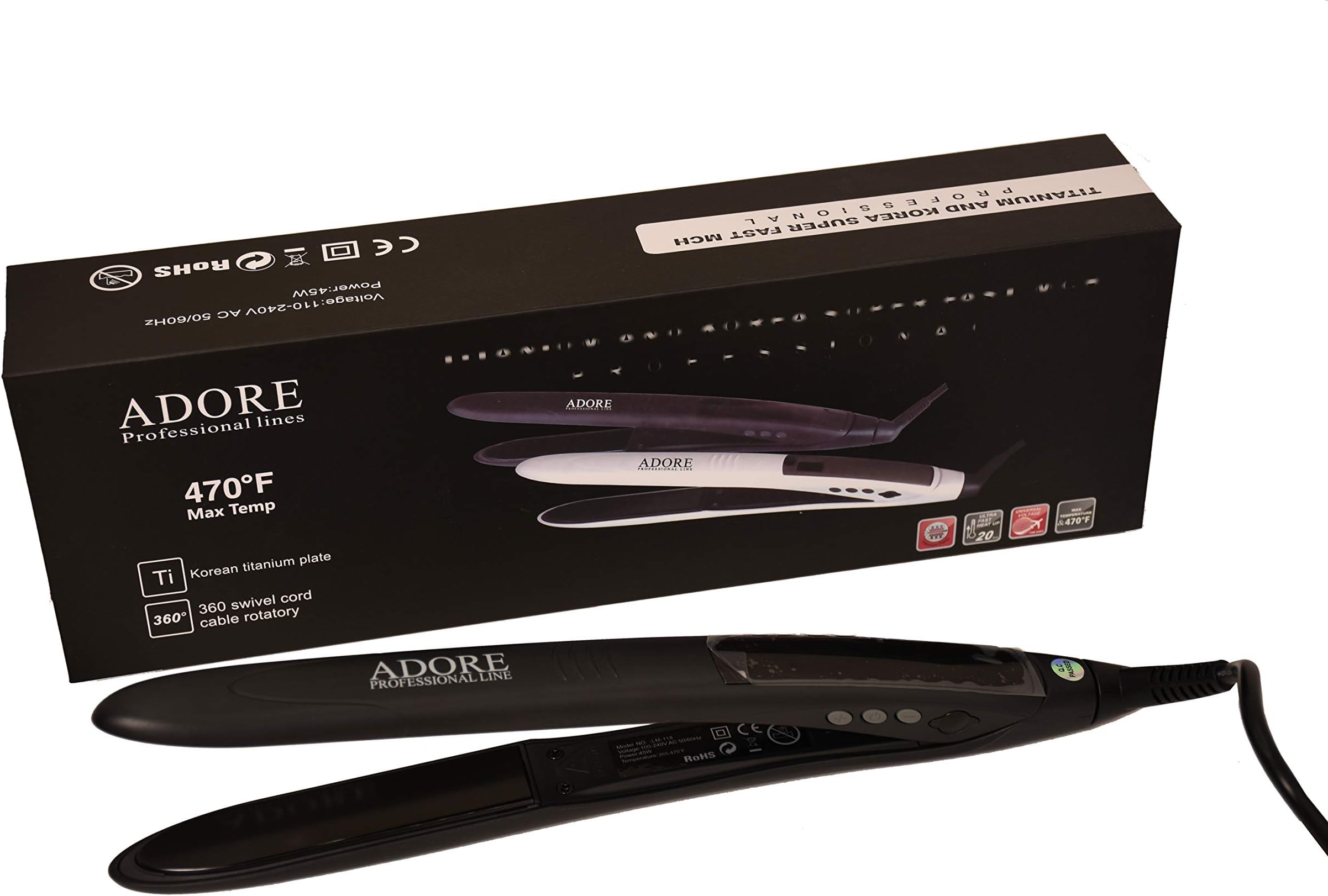 ADORE HAIR STRAIGHTENER 470F - KOREAN TITANIUM CERAMIC - ADVANCED MCH TECHNOLOGY - FOR KERATIN TREATMENT (BLACK)