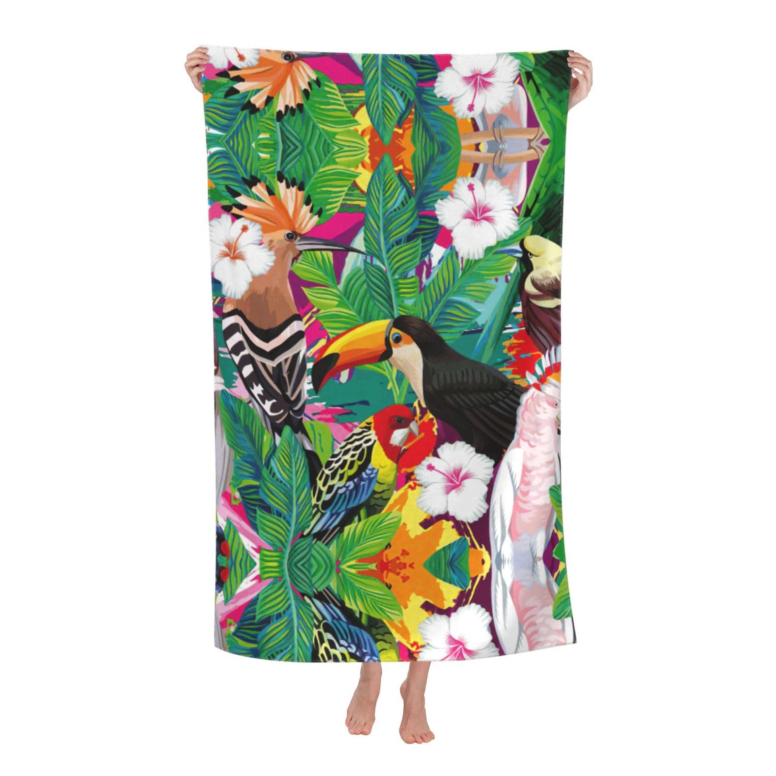 Oazcvbnn Women's White Tropical Birds And Plant Leaf Print Adult Beach Towel Summer Travel Pool Vacation Swimming Fitness Outdoor Adventures