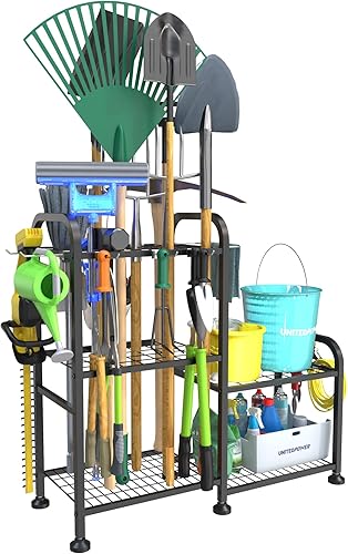 UNITEDPOWER Organizador de herramientas de jardín, estante de almacenamiento de herramientas con estantes y 10 ganchos, soporte de herramientas de
