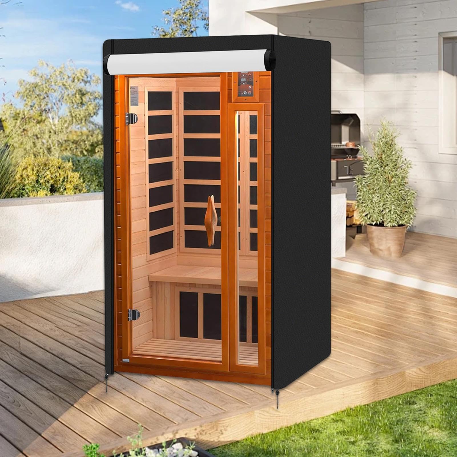 Abdeckhaube für Outdoor Sauna Wasserdicht - UV-beständig & Reißfest Schutzhülle - Premium Oxford-Gewebe Gartensauna Abdeckung Schwarz - Staubdicht & Wetterfest für Infrarotkabine & Heimsauna