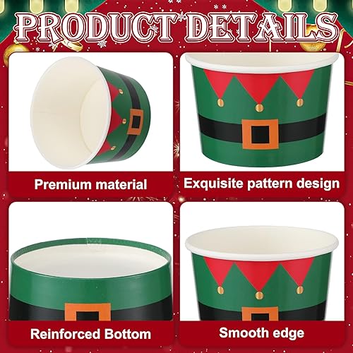 Miniatura 4 de Bokon 100 tazas de helado de Navidad de 9 onzas, cinturón de Papá Noel, decoraciones de Navidad, cuencos de helado desechables, suministros de