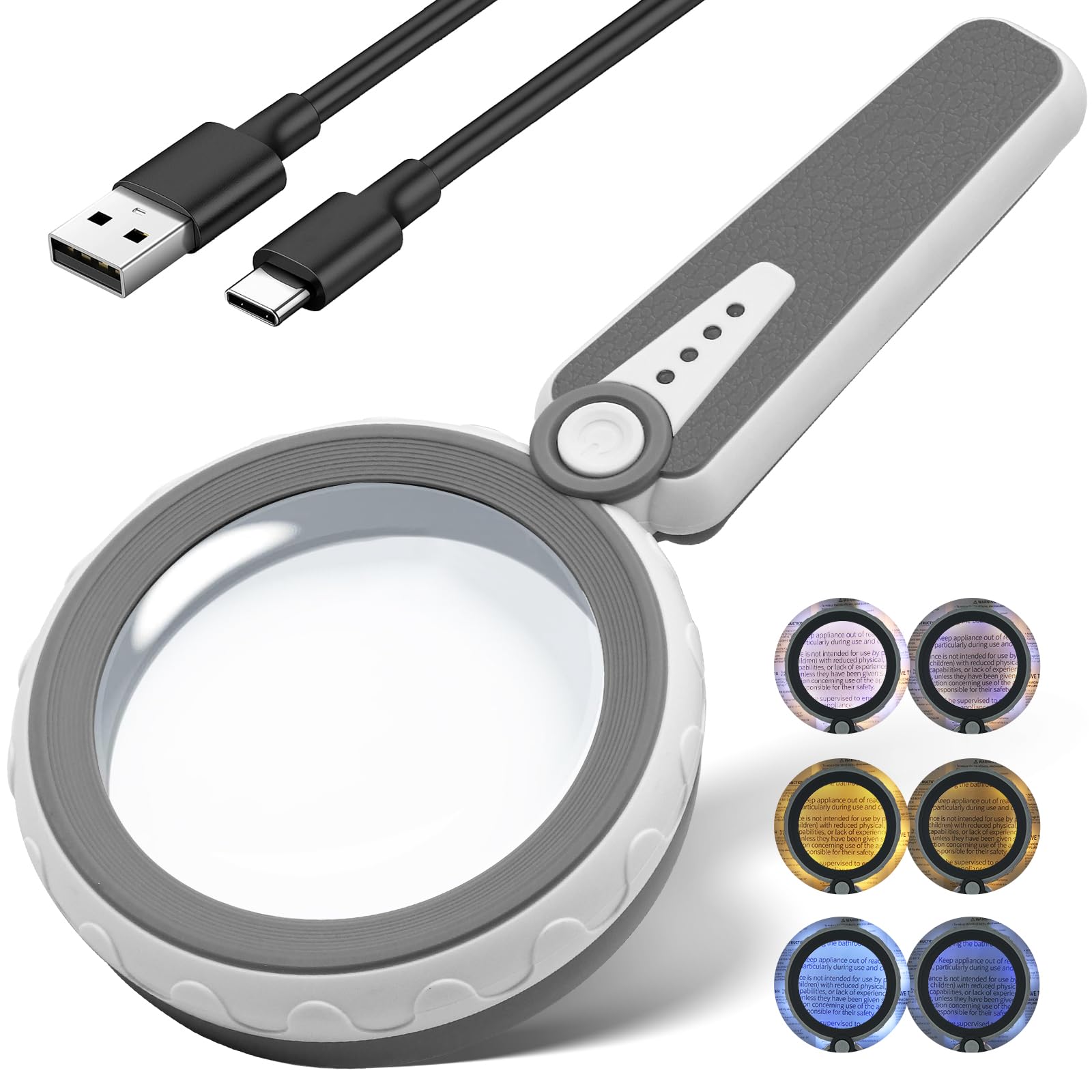 Lupa 45X con luz, lupa recargable grande para lectura | Lentes acrílicas dobles de 4.6 pulgadas • Batería de 1200 mAh • 6 modos de iluminación • Brillo ajustable • Diseño ergonómico
