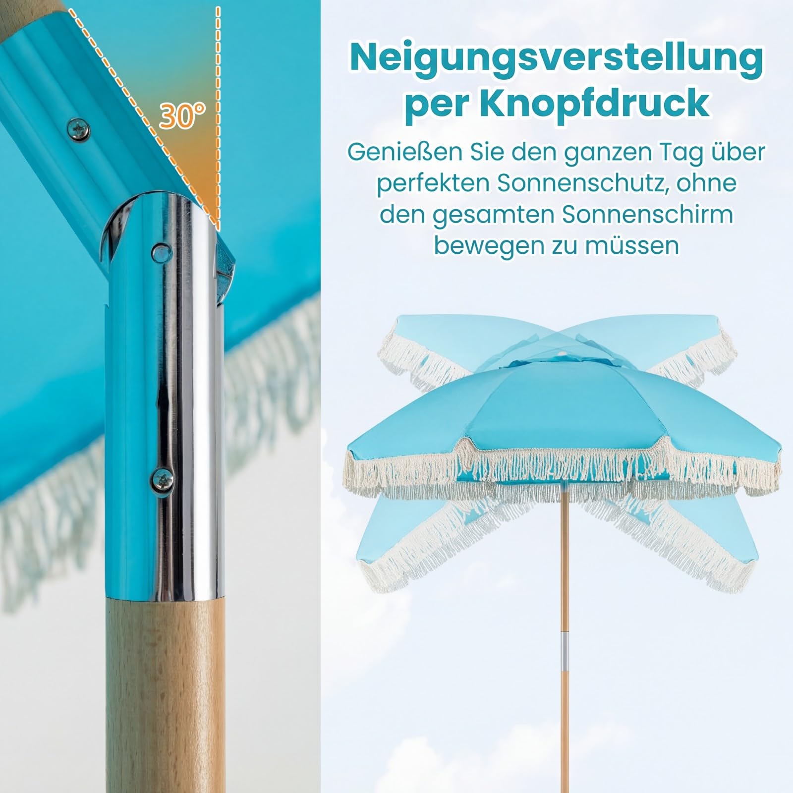 COSTWAY Sonnenschirm Boho, 170 cm Gartenschirm aus Holz, beidseitig um 30° knickbar, Balkonschirm mit Fransen, Terrassenschirm, Marktschirm für Garten, Balkon, Terrasse (Blau)