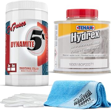 5X Marble Polishing Powder - Dynamite 5x Marble Polish Powder - Tenax Hydrex 1/4 Liter -16x16 Microfiber Cloth - Gloves - BUNDLE - 4 Items
