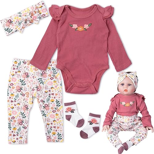 Conjunto de ropa de muñeca Medylove Reborn de 4 piezas para muñecas Reborn de 22 a 24 pulgadas, incluye diadema, mameluco, pantalones y calcetines
