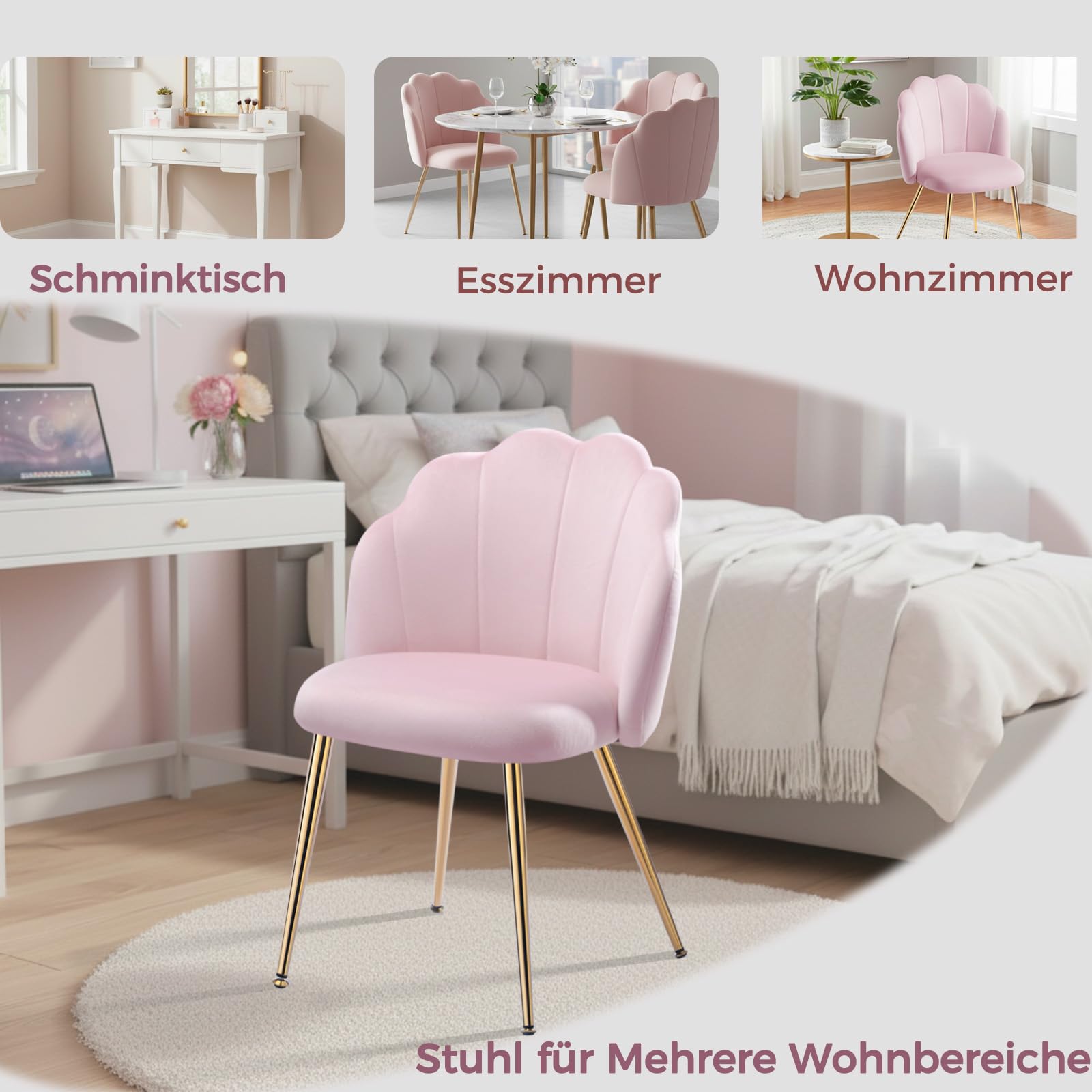 Schminkstuhl Rosa mit Goldbeinen – Schminktisch Stuhl Glamouröser Muschel Sessel | Vanity Chair Pink | Polsterstuhl für Schlafzimmer, Mädchenzimmer – Aesthetic Decor