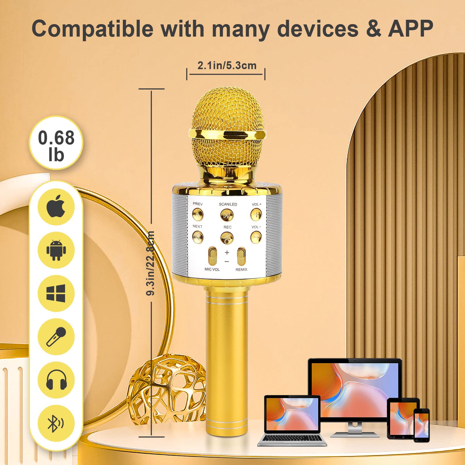 ShinePick Microfono Inalámbrico Karaoke, Micrófono Karaoke Bluetooth Portátil con Altavoz y LED para Niños Canta Partido Musica, Compatible con Android/iOS PC, AUX o Teléfono Inteligente (Dorado)
