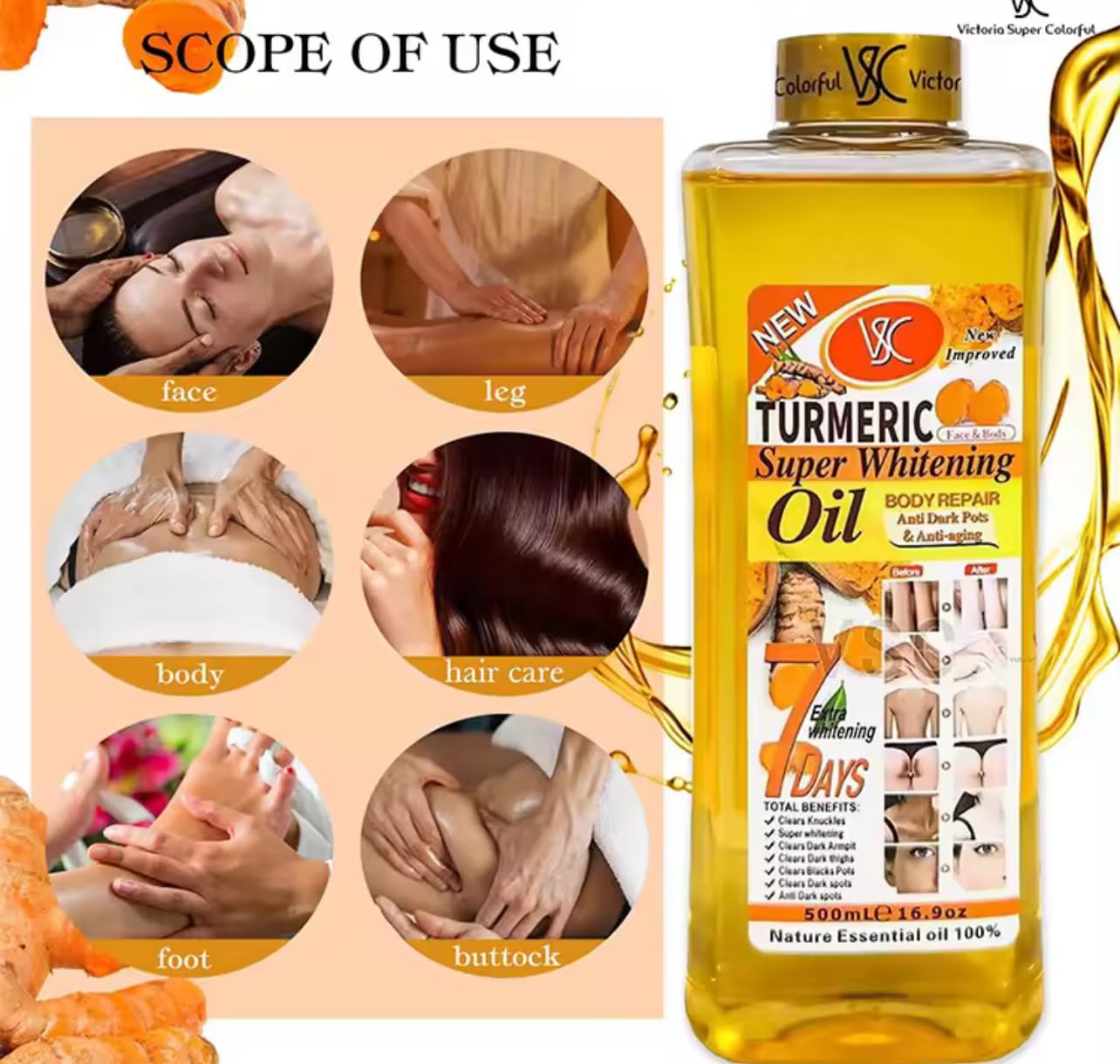 Turmeric Oil Super Whitening Face & Body Moisturizer Nourishing Anti-aging Correct Spots Wrinkle Skincare Essential oil 500ml/16.9oz (500ml/16.9oz)