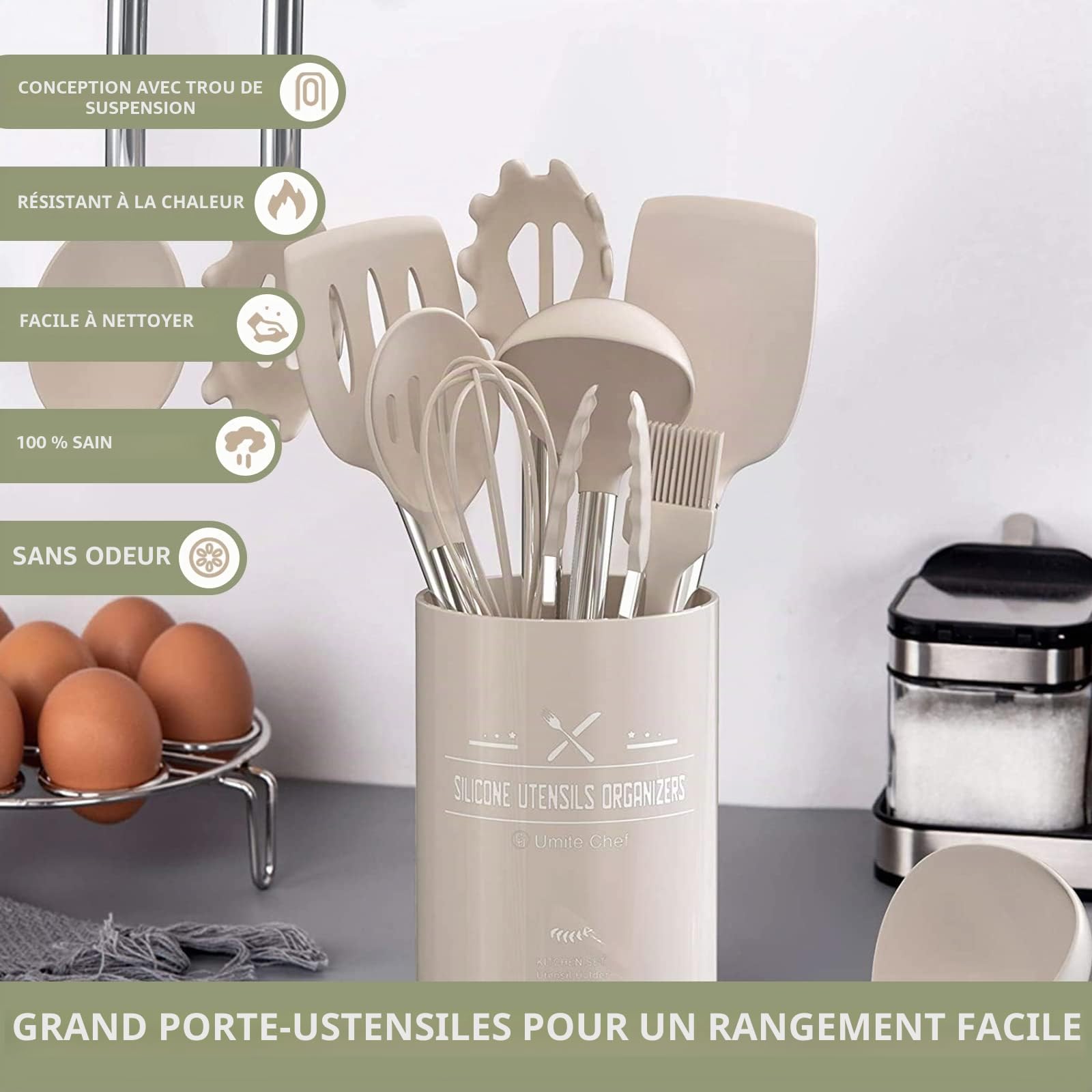 Umite Chef Ensemble d'ustensiles de cuisine en acier inoxydable - Antiadhésifs - Ensemble de spatules - 15 pièces - gadgets de cuisine à offrir