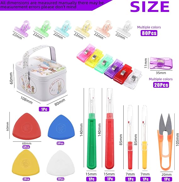 Swpeet 108Pcs Sewing Tools Kit, 10Pcs Professional Tailor's Chalk and 4Pcs Seam Ripper with 100Pcs Plastic Quilting Clips and Snip Scissor Assortment Kit, Thread Remover for Sewing Marking