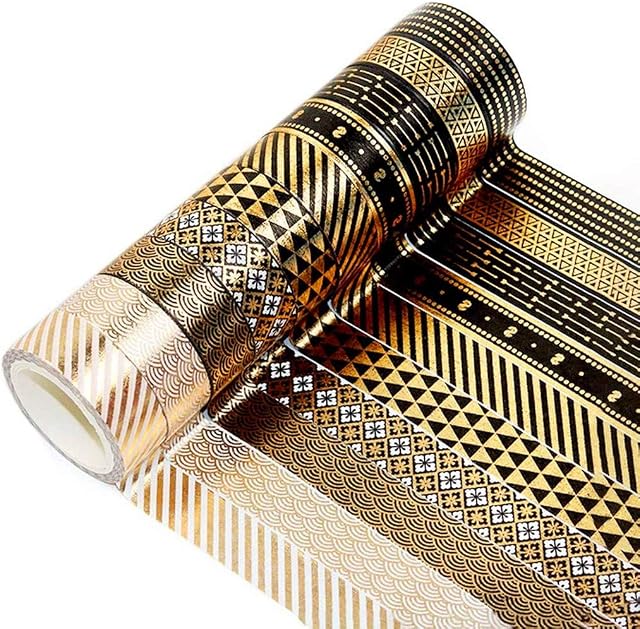 YUBX 10 Rolls Washi Tape Set Black Gold Foil Print Decorative Masking Tapes for Arts, DIY Crafts, Bullet Journals, Planners, Scrapbook, Wrapping (Black Gold 10)