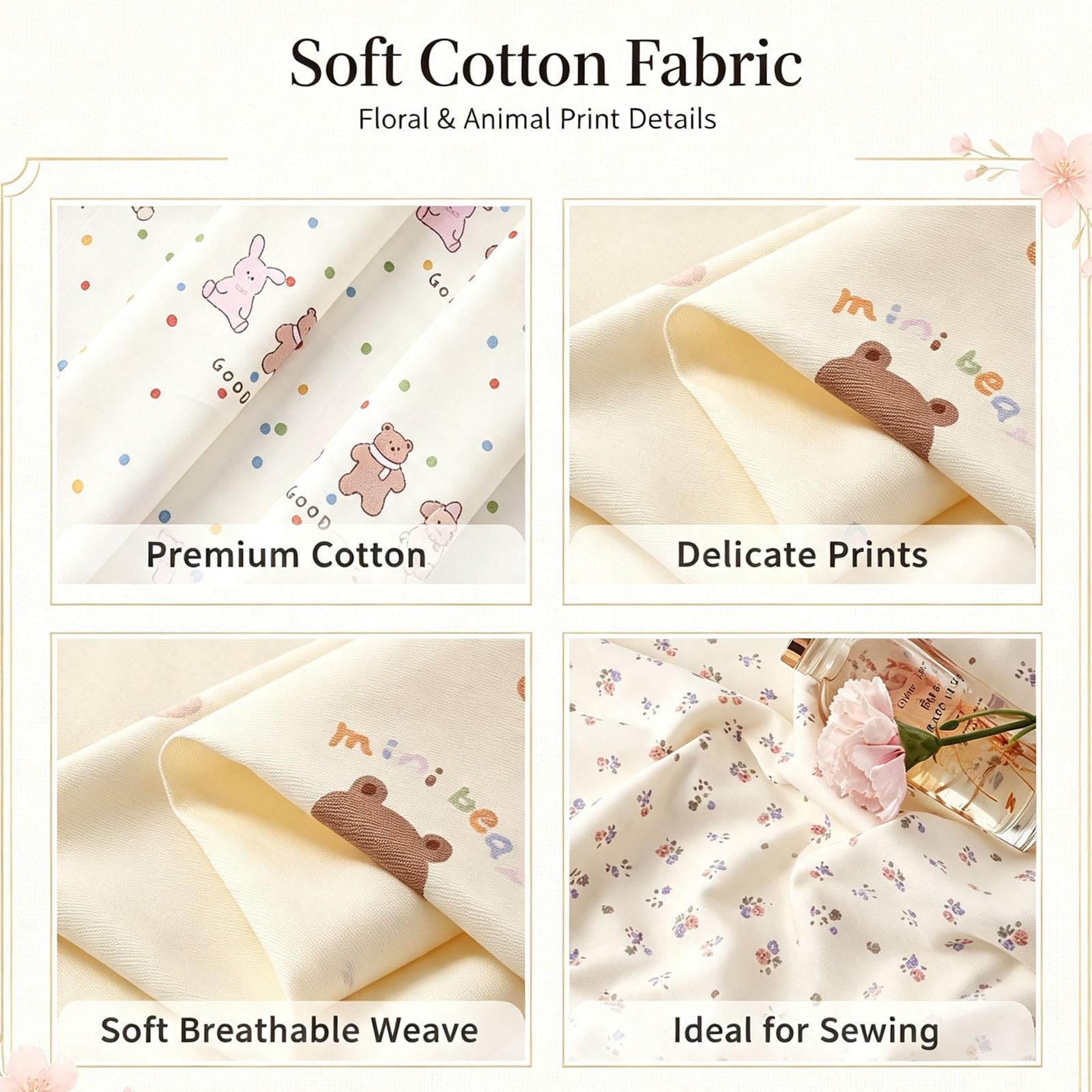 Tessuto di cotone per bambini, 100 x 235 cm, al metro, per cucire, fiori