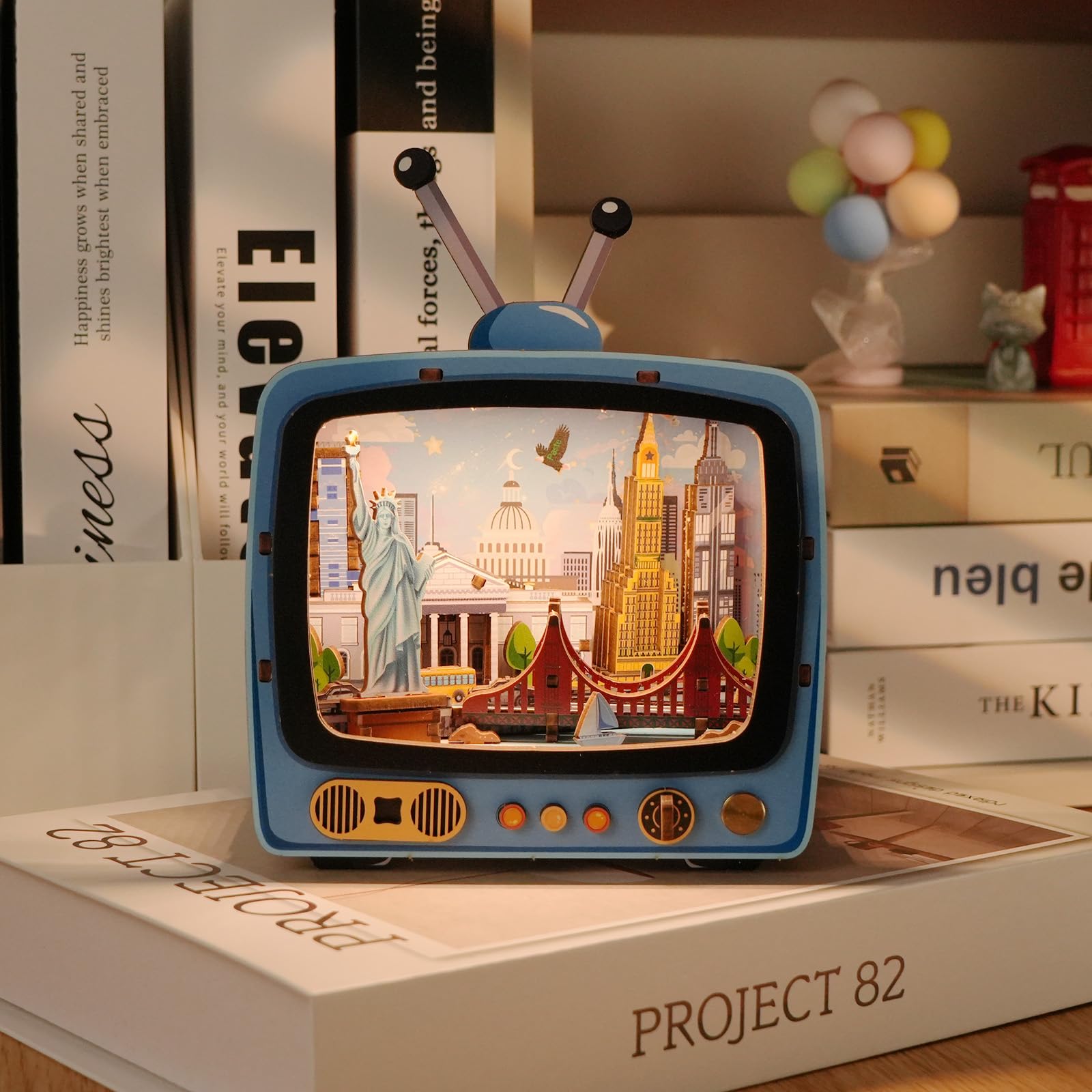 3D Puzzles Wooden TV Shape Model Kit with LED Light - Dimmable Timed Rechargeable Night Light Home Decoration DIY Craft Gift for Adults and Teens