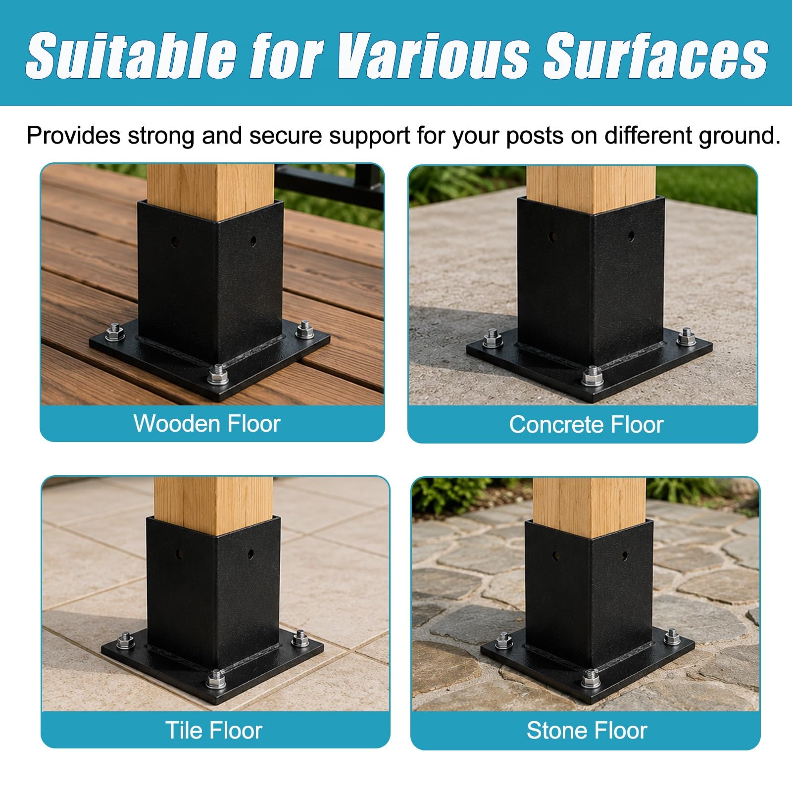 4 Pack Soporte poste gazebo negro con pintura polvo kit montaje | Soporte de poste resistente y resistente al óxido buzones/cubiertas/herrajes construcción exteriores(71x71mm/2.8x2.8")