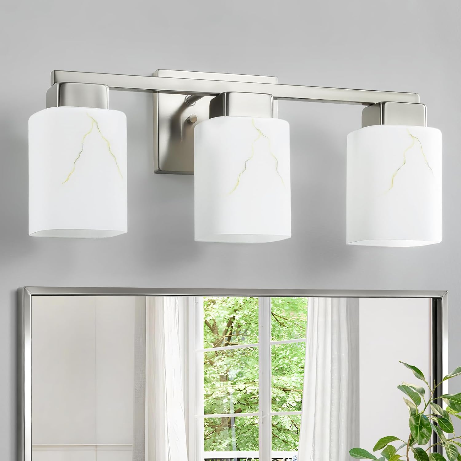 3-Light Square Bathroom Light Fixture, Brushed Nickel Modern Vanity Light with White Marble Glass Shade, for Bathroom Mirror, Living Room, Bedroom, Hallway, E26 Base