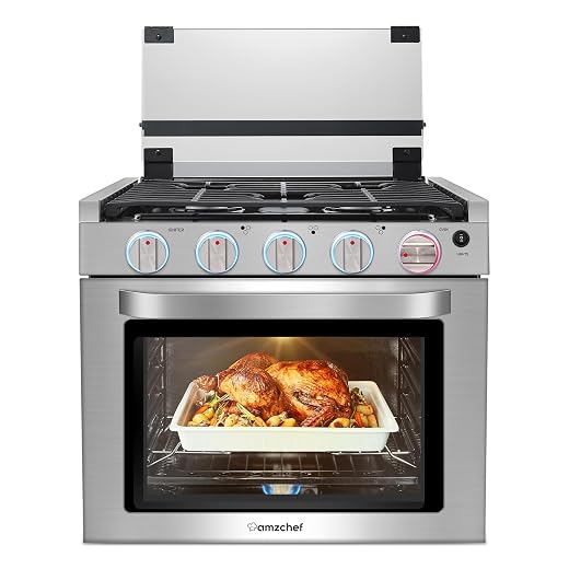 AMZCHEF RV Gas Range Stove 12V. Range Oven for RV Use with 3 Burners,Gas Oven, 28,100BTU, Open Flame Configuration, Knob work indicator, Heavy Duty Cast Iron Grates (Large 21 inch)