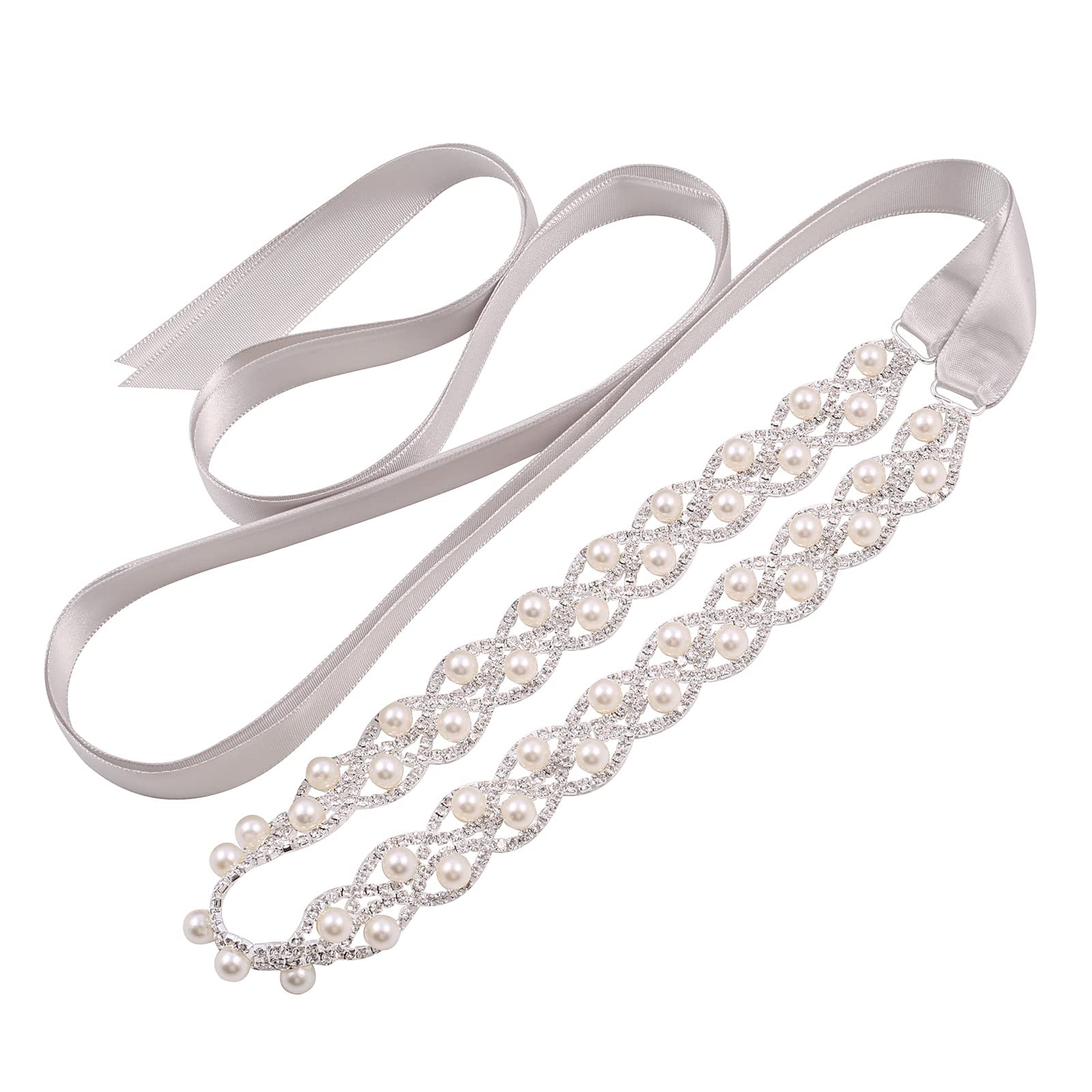 WEZTEZ Crystal Wedding Belt Pearls Bridal Belt Handmade Rhinestone Wedding Dress Belt for Bride Bridesmaid Gowns, Sliver Ribbon, One Size