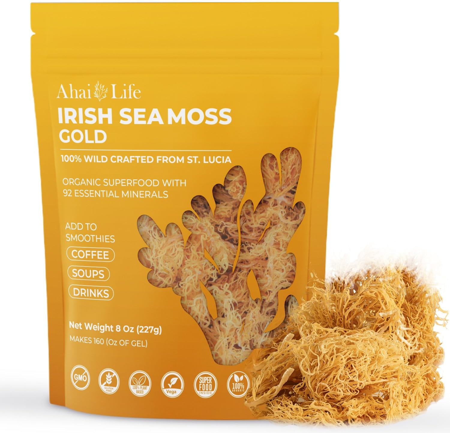 Gold Sea Moss Raw Organic| Makes 160oz of Gel - 100% Wild Crafted| Non-GMO Sun-Dried Mineral Rich Super Food for Energy| Booster Healthy, Immunity Digestion (8oz)