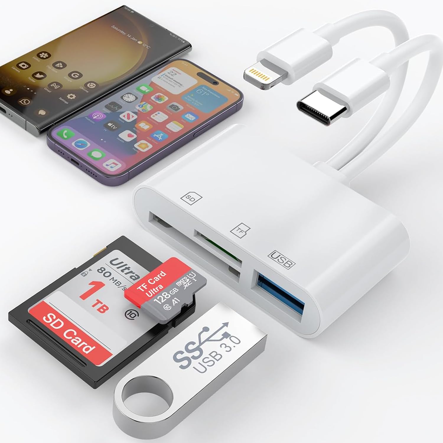 SD Card Reader for iPhone/iPad, Lightning to USB Adapter SD Card Viewer with SD/TF Card USB 3.0 Adapter, Memory Card Reader for iPhone iPad MacBook Android Samsung SD Card Adapter Plug & Play