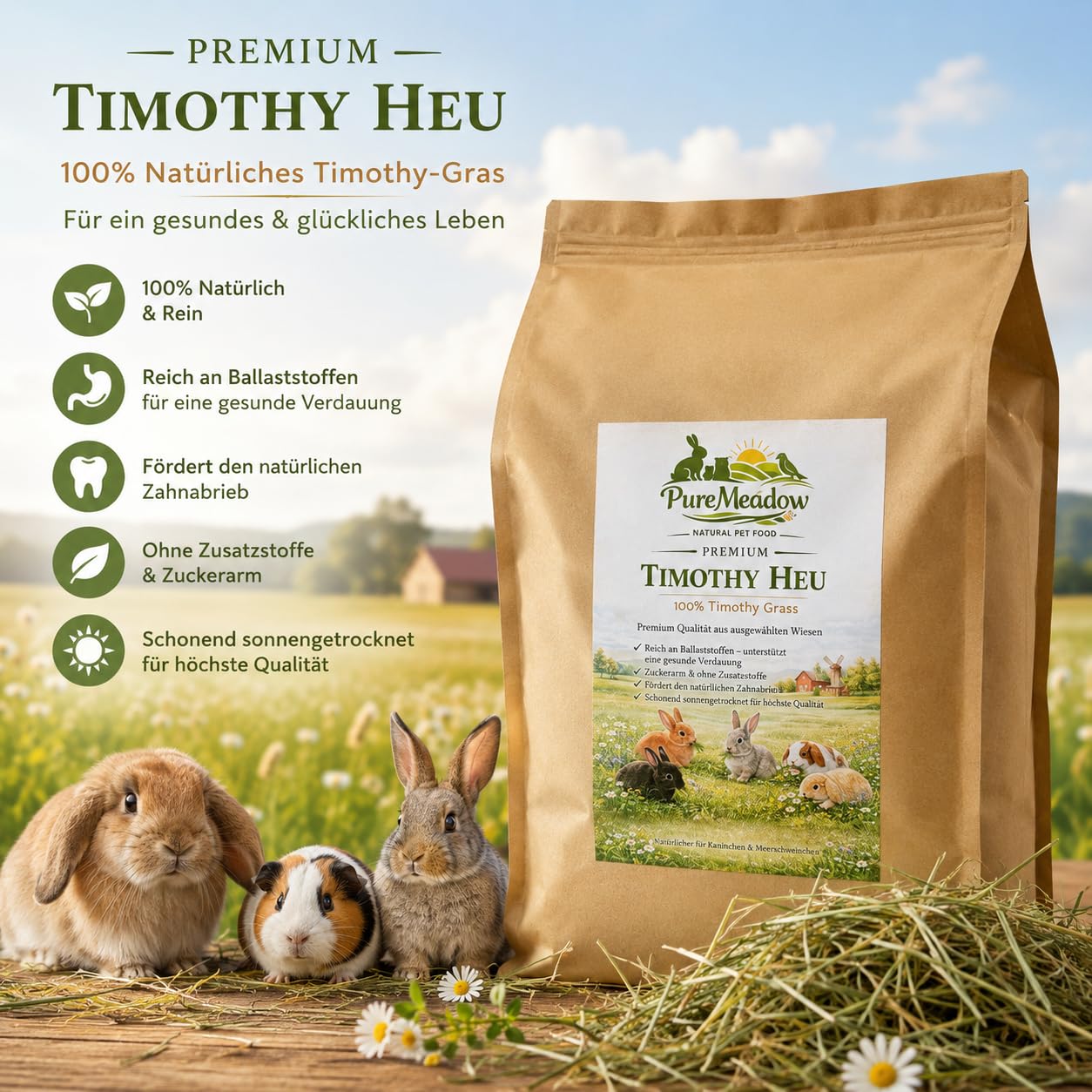 PureMeadow Premium Timothy Heno para conejos, cobayas, chinchillas, hámsters y otros animales pequeños, 3 kg