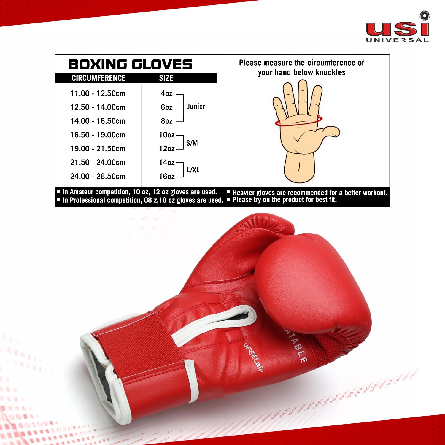USI Boxing Gloves, 612 Reliance Punching Bag Gloves for Boxing, Kickboxing, Muay Thai, MMA, Durable Pu Material, Elasticated Hook, Loop Wrist Closure, Foam Padding (Size 8oz, Color Red) 3