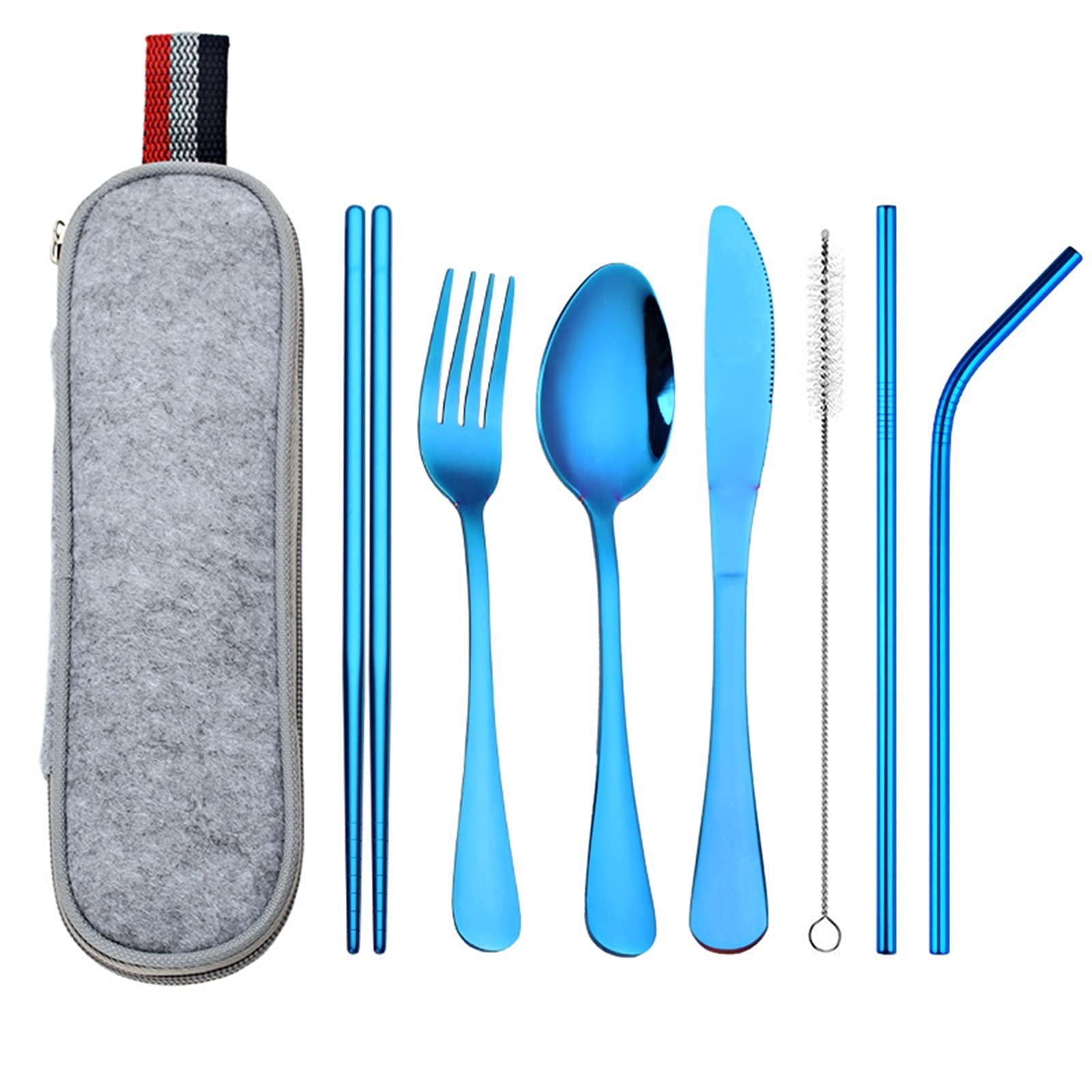 Reisegeschirr Set Portable Besteck Camping Dinner Sets Edelstahl Geschirr Regenbogen mit Strohset Pinsel Essstäbchen Tasche essgeschirr (Color : Gold)