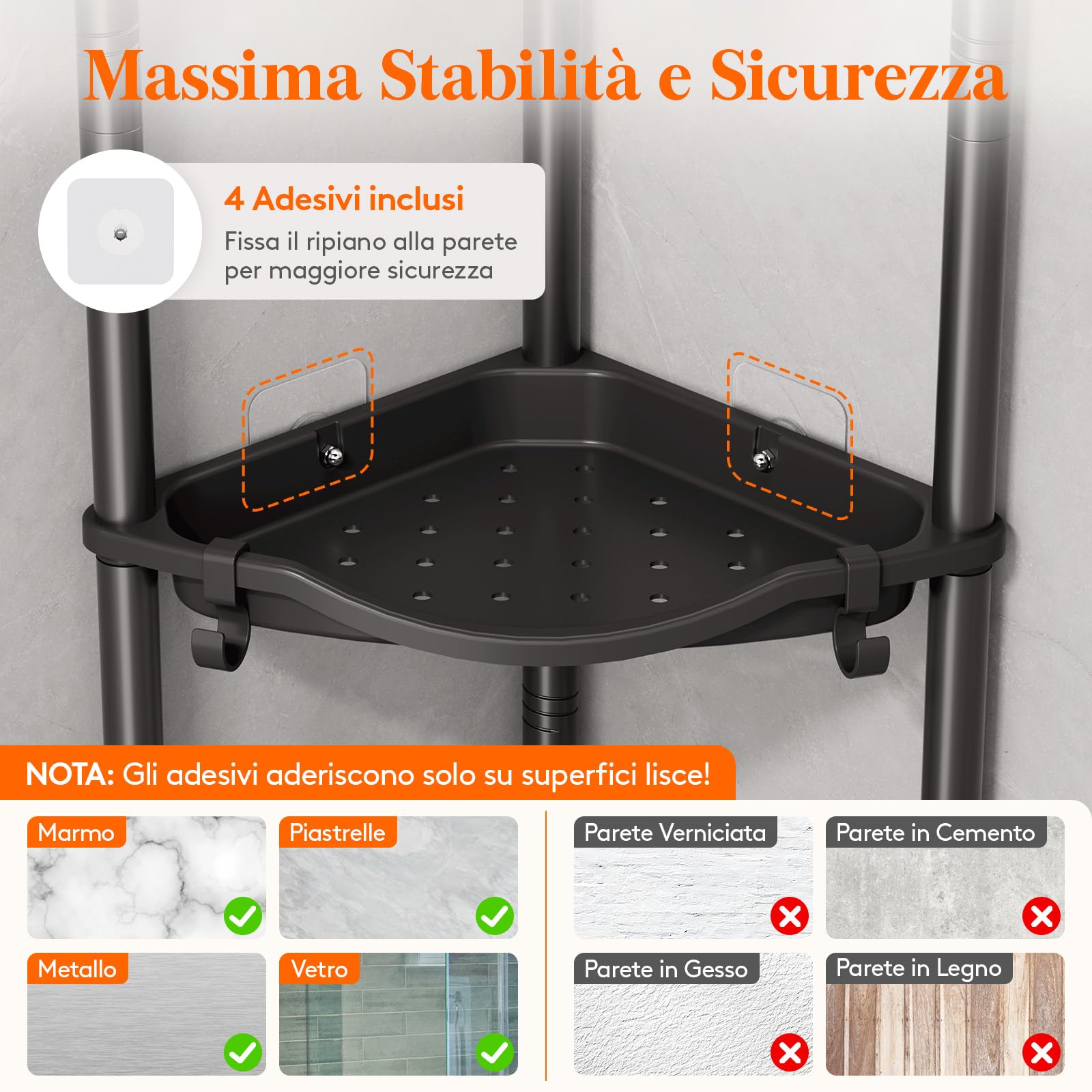Mensola Doccia a 4 Livelli senza Foratura, Organizzatore Angolo per Bagno in Plastica, Nero 34cm