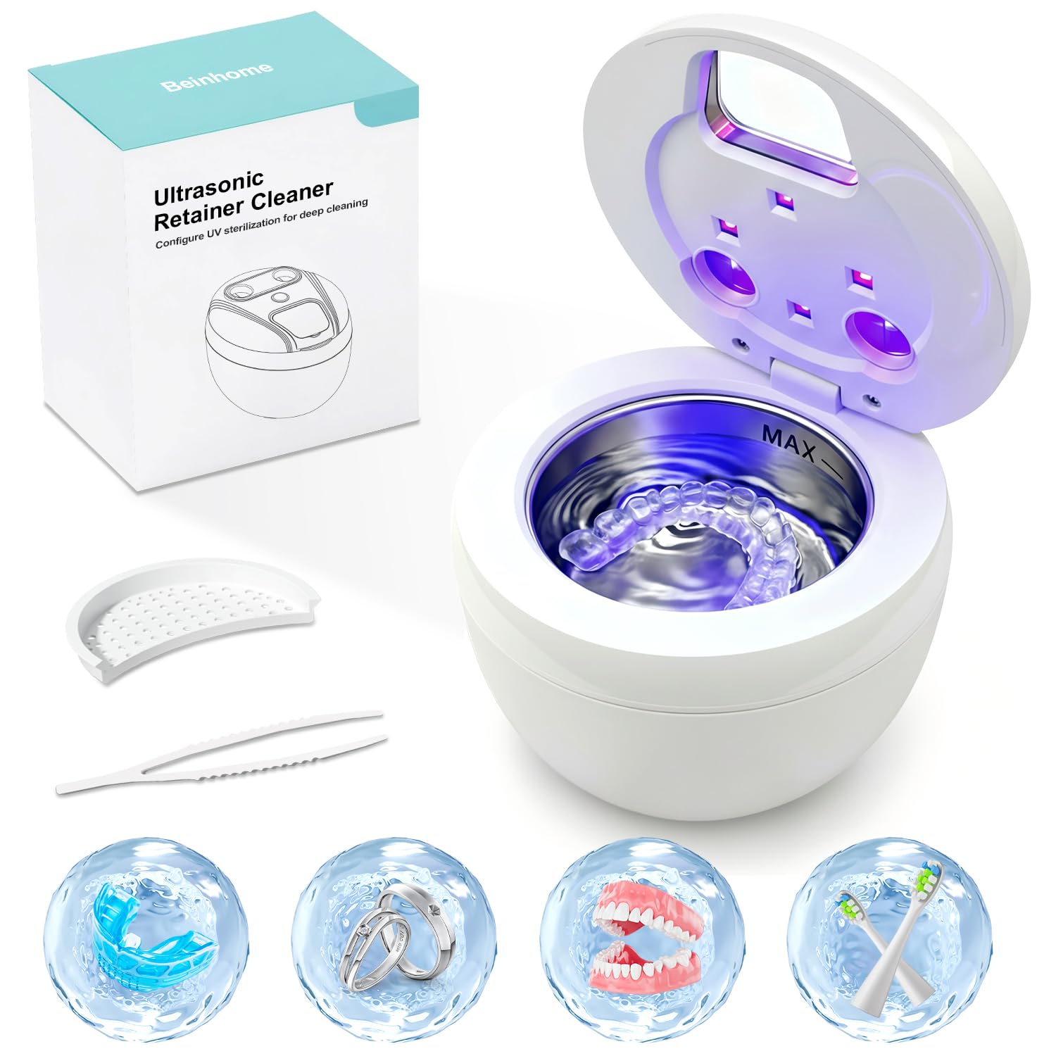 Dental Ultrasonic Retainer Cleaner Machine - Dental Cleaning Pod for Denture, Mouth Guard, Aligner, Night Guard, Braces, Toothbrush Heads, Jewelry, 45kHz Sonic Cleaner with Digital Timer & 200ML