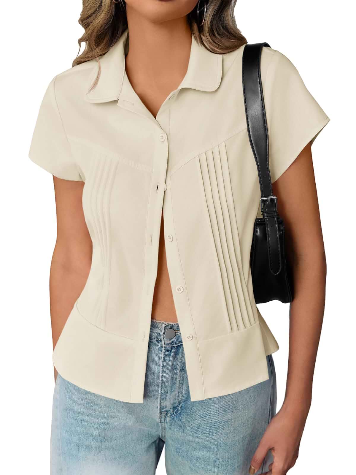 Cicy Bell Womens Short Sleeve Button Down Shirts Pleated Slim Fit Blouses