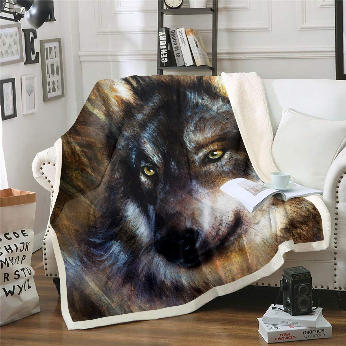 Loussiesd Wolf Fleece Sherpa Blanket - Safari Animal Pattern Plush Throw for Chair, Sofa, Couch - Cool Wildlife Style - Fuzzy Single 50"x60"