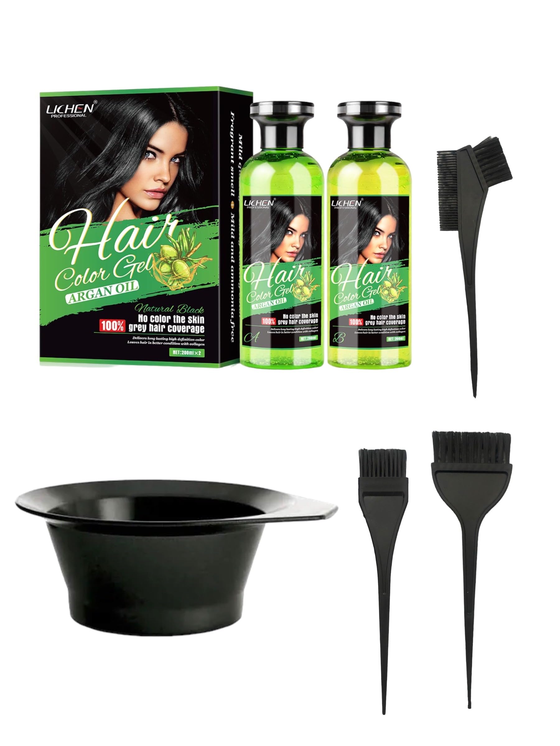 LICHEN HAIR COLOR GEL BUNDLE SET 250ml NATURAL BLACK, No Color to the Skin! Contains Argan Oil, Fast Action 100% Grey Coverage, Beard Dye, Black Hair Dye