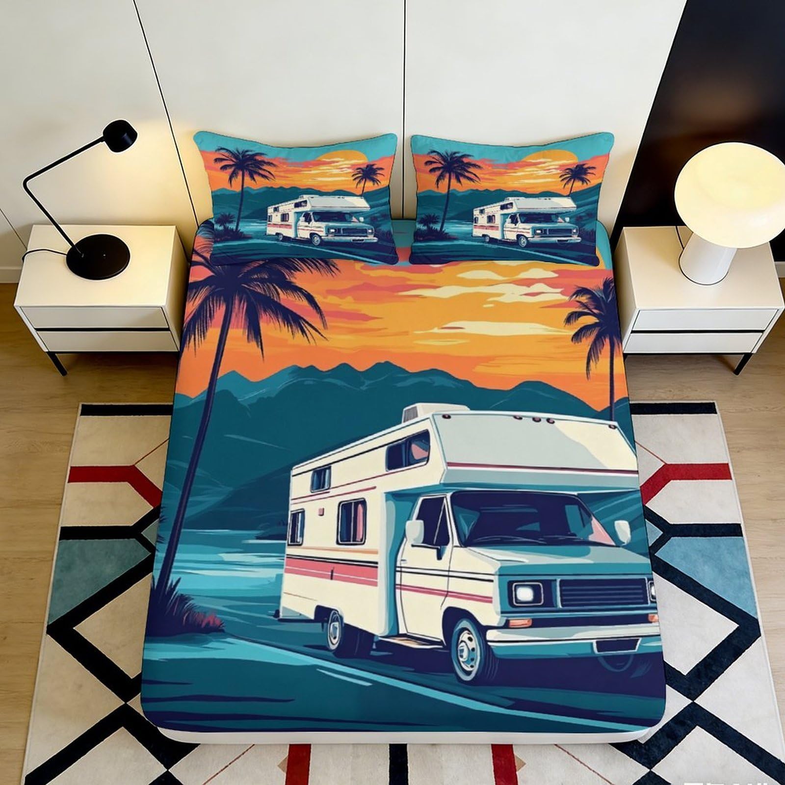 Uxinyoume Style-1 3D Printed Sunset Palm Fitted Sheet Microfiber Soft Camper Van Bed Cover For Bedroom Dorm Decoration Easy Care 90X200x25cm