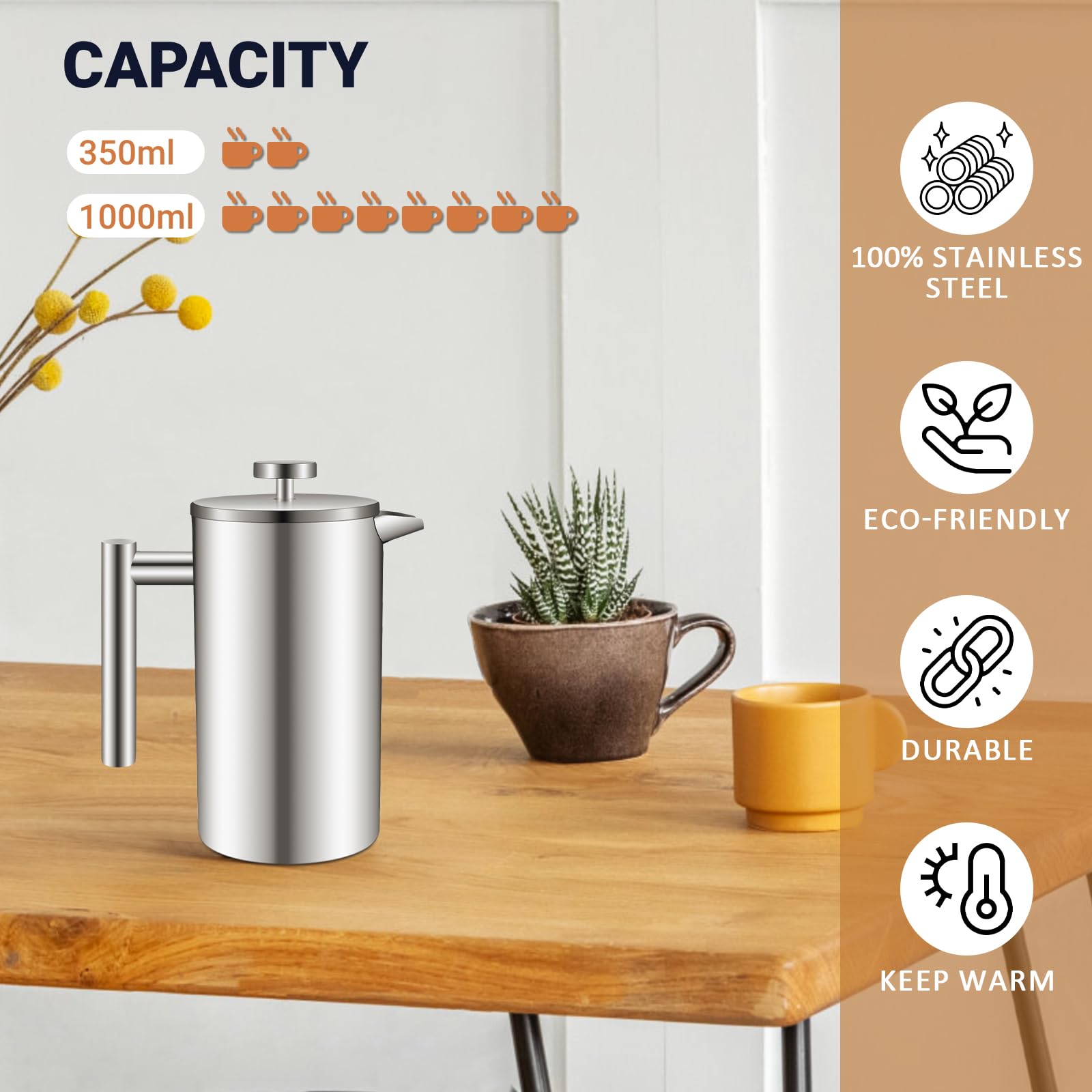French Press Caffettiera pistone filtro in acciaio inossidabile caffè americano macchina per caffè o tè - 1000ml / 8 tazze