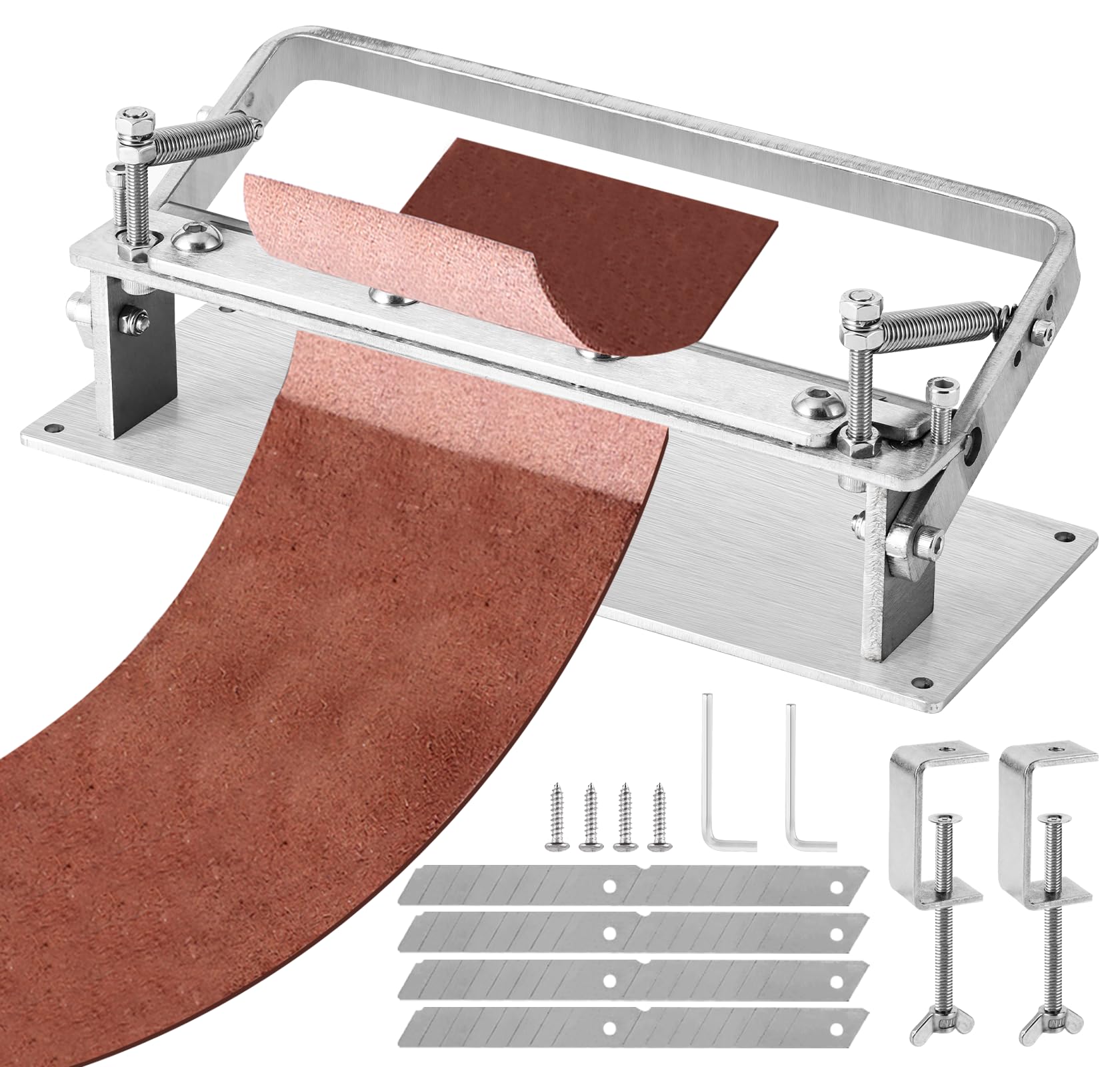MXBAOHENG Manual Leather Skiver Splitter Tool Machine with Two Stainless Steel Fixing Clips, DIY Leather Skiving Paring Peeler Working Tool Kit with 4pcs 8-Inch Blade